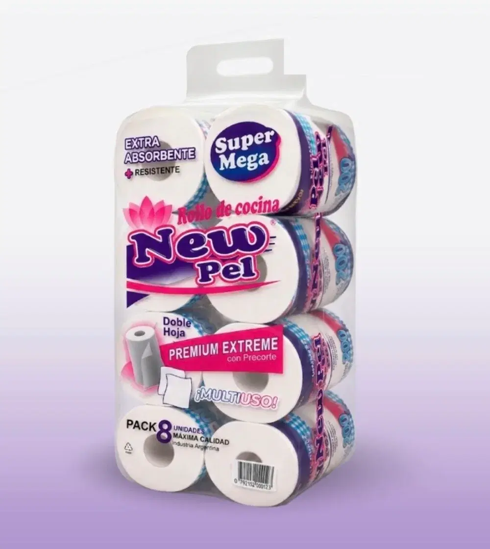 Pack de ocho rollos de cocina New Pel Blanco Extreme, doble hoja, 200 paños