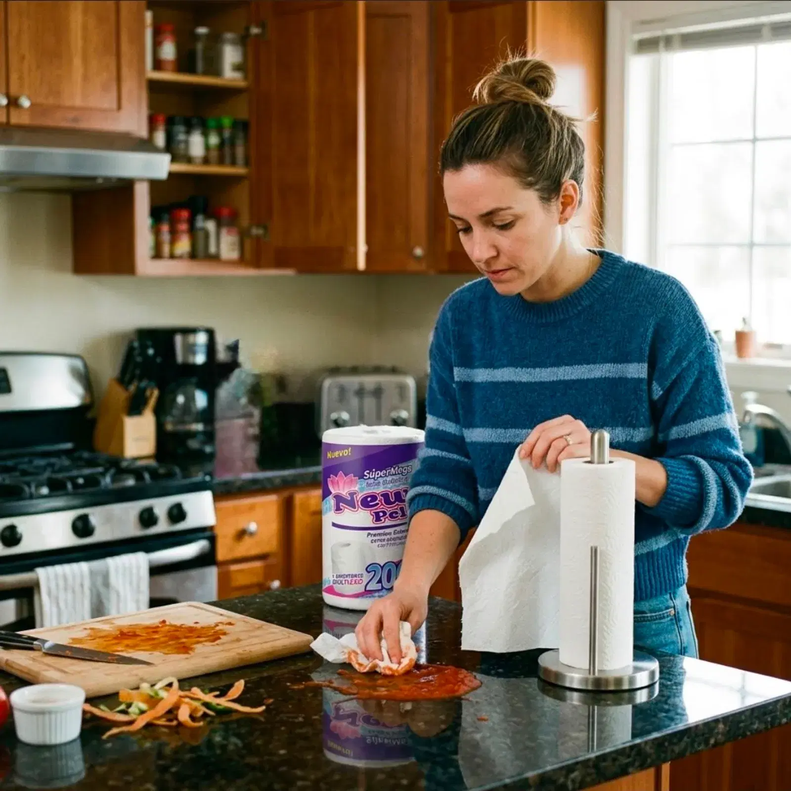 Mujer limpiando un derrame en la mesada con una hoja de rollo de cocina New Pel