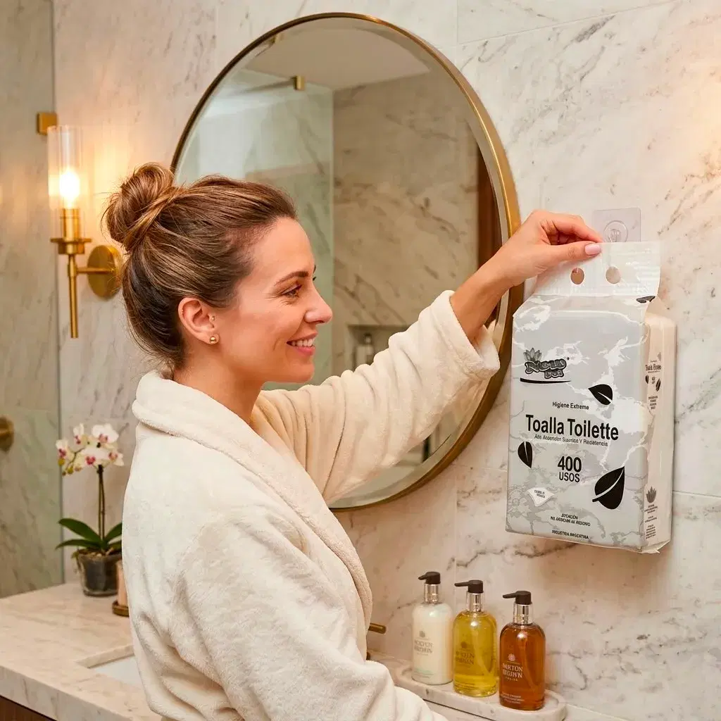 Mujer colgando un paquete de Toalla Toilette New Pel en la pared del baño, junto al espejo